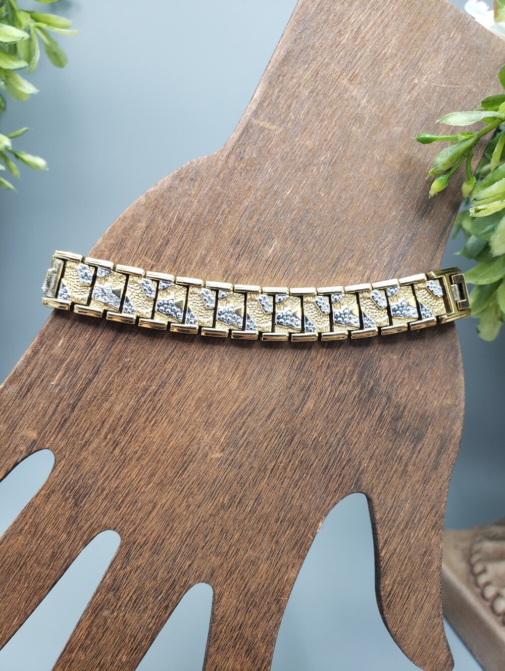 Elgin Mens Gold & Silver Link Bracelet - Nugget Engraved Organic Industrial 8 in